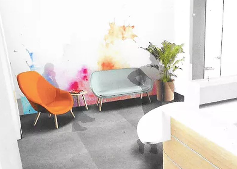 Une fresque dans la zone d'accueil des bureaux d'un Hôpital à domicile à Orvault