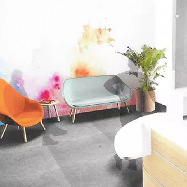 Une fresque dans la zone d'accueil des bureaux d'un Hôpital à domicile à Orvault